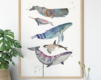 Whale Print, Whale Species, Watercolor Whales, Whale Painting, Whale Nursery Decor, Whales Nursery Art, Whale Nursery Poster, Tribal Boho