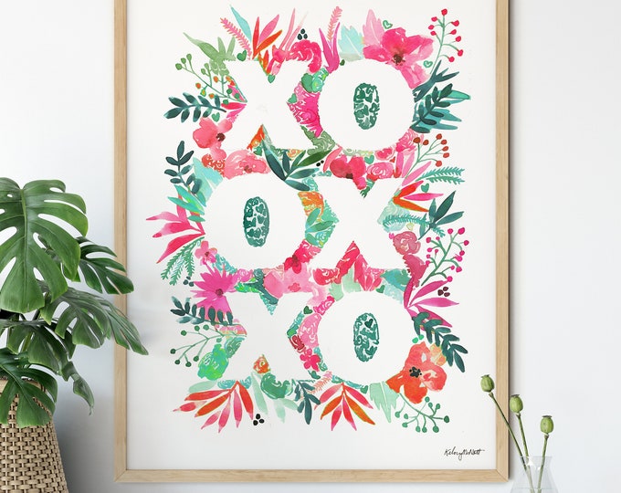 XOXO Floral Wall Art Print, Pink Floral Botanical Print, Tropical Flower Print, Watercolor Painting, Love Wall Art, Teen Girl Wall Decor
