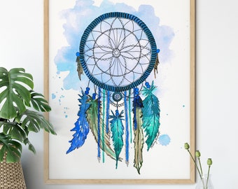 Blue Dreamcatcher Wall Art, Tribal Art Print, Feather Wall Art, Watercolor painting, Native America Wall Art, Boho Nursery Decor, Kids Room