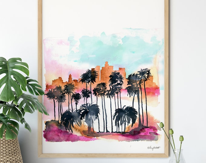 Los Angeles Skyline, California Print, Watercolor Painting, California Hollywood Wall Art, City Poster, LA Cityscape, Sunset Boulevard Print