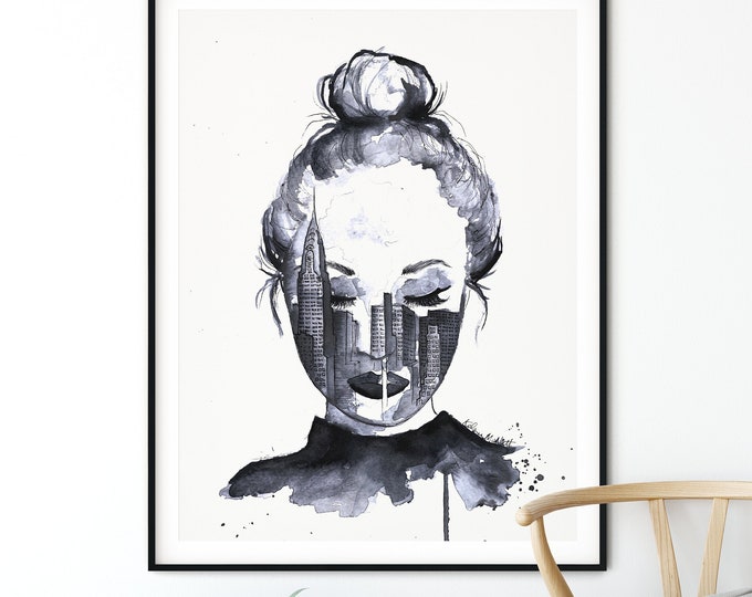 Fashion Wall Art, Watercolor Painting, NYC Fashion Decor, Fashion Portrait, Fashion Illustration, New York State of Mind, Office Decor