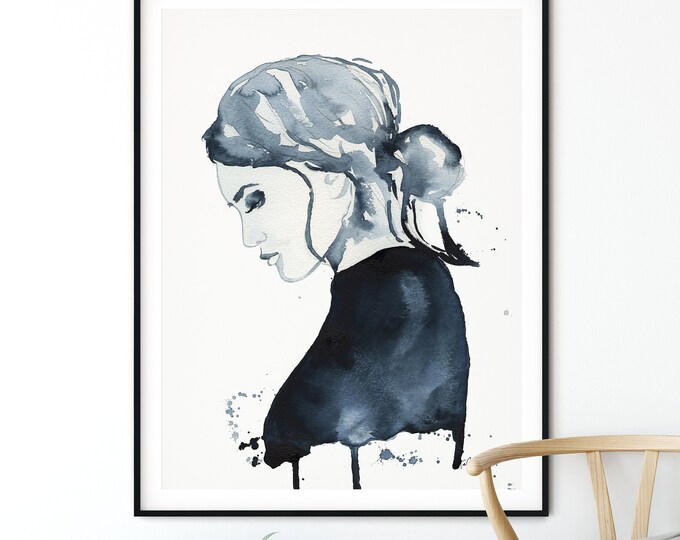 Fashion Wall Art, Watercolor Painting, Navy Blue Fashion Illustration, Fashion Portrait Print, Fashion Home Decor, Girl Room Wall Art