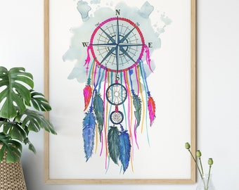 Compass Dream Catcher  Art Print, Watercolor Painting, Native American Wall Art, Boho Dreamcatcher, Nursery Decor, Compass Art