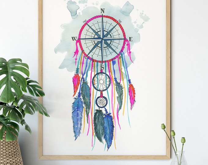 Compass Dream Catcher  Art Print, Watercolor Painting, Native American Wall Art, Boho Dreamcatcher, Nursery Decor, Compass Art