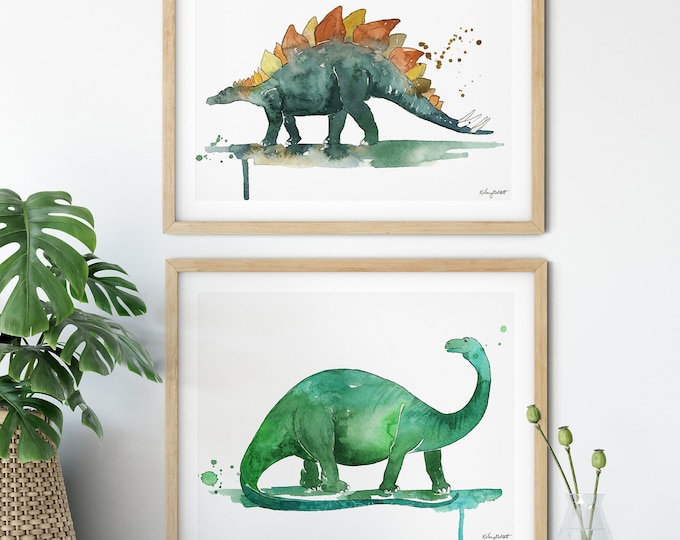Set of 2 Dinosaur Prints, Dinosaur Nursery Art, Dino Watercolor Painting, Kids Dinosaur Art, Stegosaurus Brontosaurus Print, Dinosaur Decor