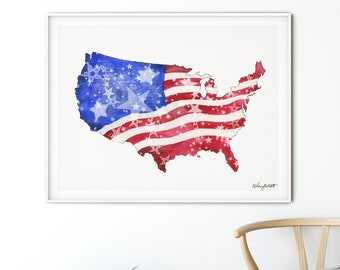 May include: A watercolor painting of the United States map with the American flag design overlaid. The stars are scattered throughout the map, creating a festive and patriotic feel.