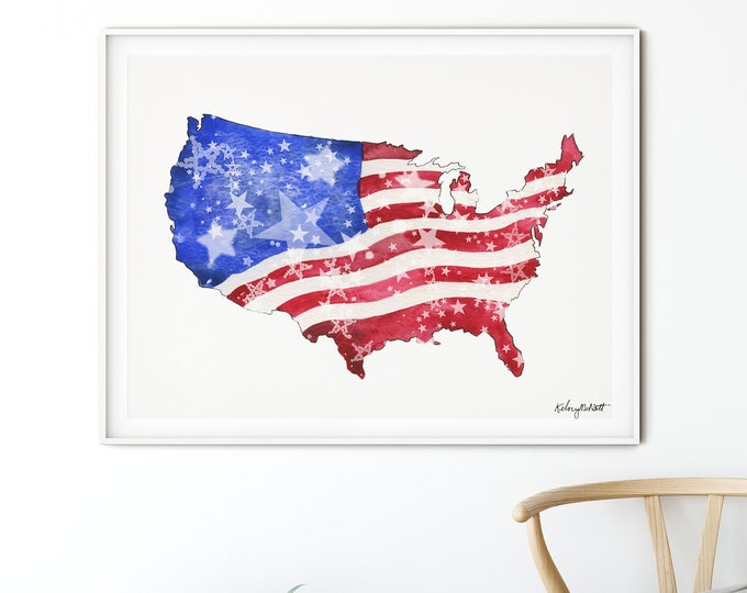 4th of July USA Map Art Print, American Flag Wall Art, Fourth of July Decor, Red White Blue, Stars and Stripes Art, USA Flag, Watercolor