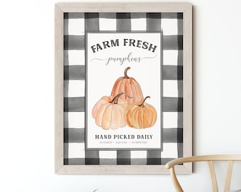 Farm Fresh Pumpkins Wall Art, Farmhouse Pumpkin Art Print, Buffalo Check Fall Art, Autumn Decor, Rustic Fall, Plaid Pumpkins Watercolor