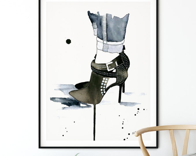 Black Studded Shoe Fashion Wall Art, High Heel Booties, Fashion Illustration, Watercolor Painting, Teen Girl Room Decor, Fashion Decor