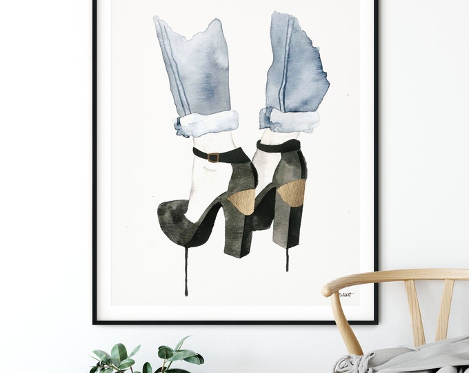 High Heel Wall Art, Fashion Illustration, Watercolor Painting Fashion Art, Shoe Fashion prints, Gold Fashion Decor, Teen Girl Room Decor