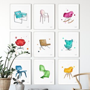 Mid Century Modern Chairs, Furniture Art, Set of 9 Prints, Jacobsen Chair silhouettes, Iconic chairs Eames chair egg chair - Chair Wall Art