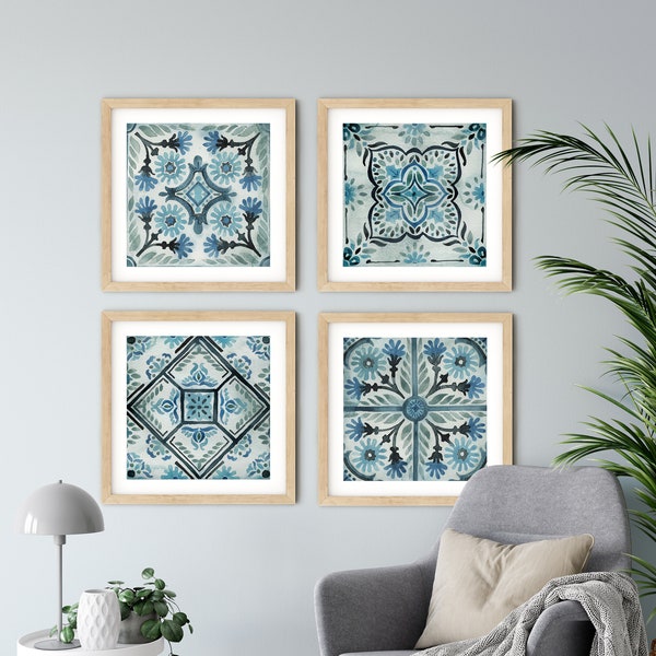 Set of 4 Spanish Tiles, Farmhouse Decor, Rustic Decor, Gallery Wall Set, Square Prints, Blue Pattern Tile, Cement Tile Art, Moroccan Tile