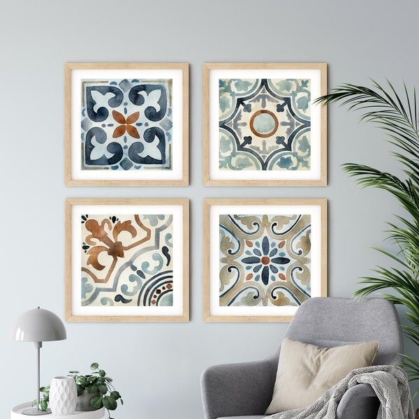 Set of 4 Spanish Tiles, Farmhouse Decor, Rustic Gallery Wall Set, Square Prints, Blue and Cream Pattern Tile, Cement Tile Art, Moroccan Tile