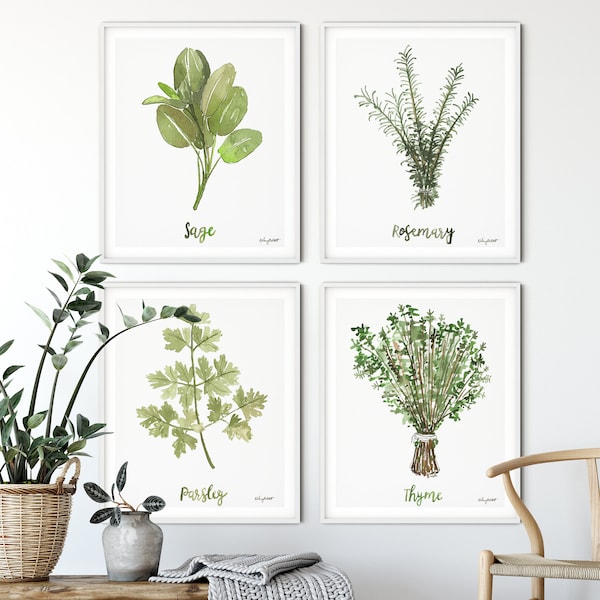 Herbs Set of 4 Watercolor Painting, Kitchen Prints, Sage Thyme Rosemary Parsley, Gallery Wall Set, Kitchen Decor Herb Prints, Herb Painting