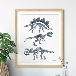 Arte de pared de esqueleto de dinosaurio, pintura de acuarela, guardería de dinosaurios, decoración de dinosaurios para habitación infantil, decoración de pared para habitación de niños, impresión artística de huesos de dinosaurio