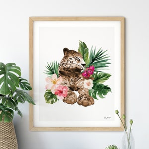 Tropical Leopard Wall Art, Watercolor Painting, Palm Leaf Art Print, Botanical Cheetah Tropical Wall Decor, Boho Art, Leopard Jungle Poster