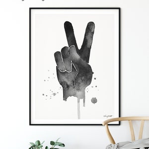 Peace sign wall art, peace fingers, minimal decor graphic, hand signal print, World Peace Sign Watercolor painting, Hippie, kids room decor