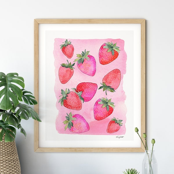 Strawberry Wall Art, Fruit and Botanical Watercolor Painting, Kitchen Wall Decor, Strawberries Art Print, Kitchen Art, Kids Room Wall Art