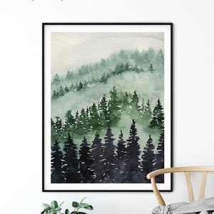 Forest Wall Art, Watercolor Painting, Forest Print Forest Poster Nature Print Evergreen Tree Wall Art, Nature Landscape Painting, Tree Print