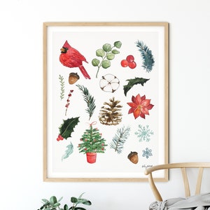 DIGITAL DOWNLOAD - Christmas Nature Art, Christmas Cardinal Wall Art, Seasonal Home Decor, Poinsettia, Farmhouse Christmas Decor, Watercolor