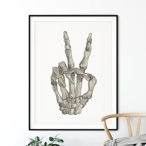 Black Skeleton Peace Sign Wall Art, Halloween Skeleton Art Print, Watercolor Painting, Fall Wall Art, Black Halloween Wall Decor