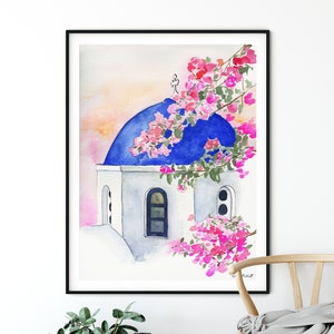Santorini Blue Domes, Watercolor Painting, Greece Painting, Santorini Painting, Greece Print, Watercolor Santorini, Travel Print, Greece Art