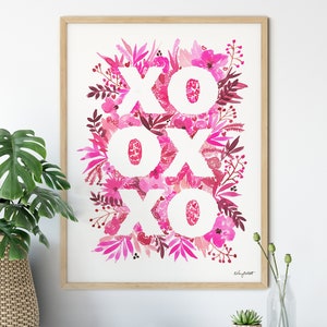 XOXO Valentines Day Art Print, Pink Floral Botanical Print, Valentines Decor, Watercolor Valentines Sign, Love Wall Art, Be Mine, XoXo art