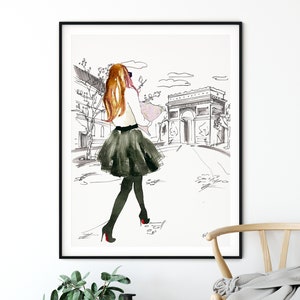 Arte de la pared de París de la moda, pintura de la acuarela, arte de la pared de la moda, retrato de la moda, cartel de la moda, decoración de la casa de la habitación de la niña, decoración de la pared de París