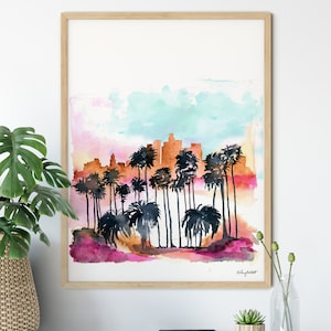 Los Angeles Skyline, California Print, Watercolor Painting, California Hollywood Wall Art, City Poster, LA Cityscape, Sunset Boulevard Print