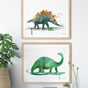 Set of 2 Dinosaur Prints, Dinosaur Nursery Art, Dino Watercolor Painting, Kids Dinosaur Art, Stegosaurus Brontosaurus Print, Dinosaur Decor