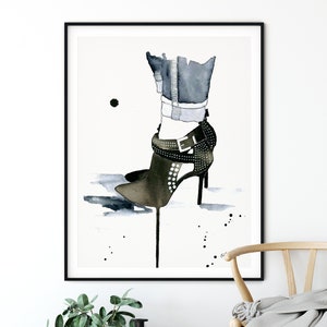 Black Studded Shoe Fashion Wall Art, High Heel Booties, Fashion Illustration, Watercolor Painting, Teen Girl Room Decor, Fashion Decor