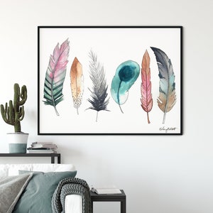 Colorful Feathers Wall Art, Watercolor Painting, Feather wall decor, Feather Boho Decor, Nursery Wall Art, Kids Room Decor
