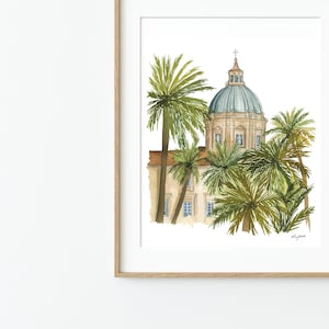 Kunst aan de muur Palermo Italië, Italiaanse aquarel, Italië Home Decor, Travel Art Print, kathedraal schilderij van Palermo, Sicilië Italië Art Print