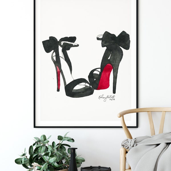 Louboutin High Heels, Illustrazione di moda, Pittura acquerello, Arte della parete di moda, Stampe shoe Fashion, Fashion Home Decor, Louboutin Shoe