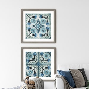 Set of 2 Spanish Tiles, Pattern Tile Wall Art, Watercolor Painting, Rustic Decor, Gallery Wall Set, Farmhouse Cement Tile Art, Moroccan Tile