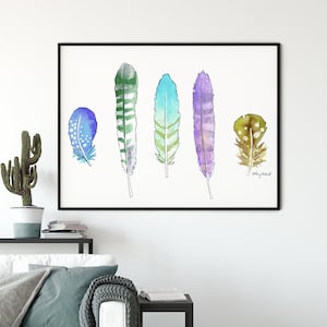 Colorful Feather Wall Art, Watercolor Painting, Feather Decor, Feather Art Print, Nursery Decor, Kids Room Wall Art, Boho Home Decor