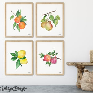 Fruit Set of 4 Watercolor Painting, Kitchen Wall Art, Oranges Lemons Pears Pomegranates, Gallery Wall Set, Kitchen Decor Fruit Prints