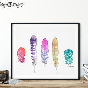 Feather Watercolor Painting, Feathers Wall Art, Farmhouse Decor, Boho Chic, Nursery Home Decor, Boho Decor Watercolor Feather, Feather Print