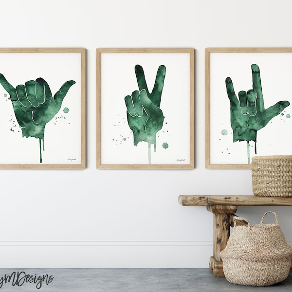 Set of 3 Peace Sign, I Love You Sign, Shaka Sign, Love Sign Language, Peace Print, Watercolor Painting, Kids Room Decor, Love Nursery Art