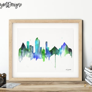 Denver Skyline, Colorao cityscape, Denver art print, Bedroom Decor, Mountain wall art, City Map Posters, Travel Gift, Watercolor Painting