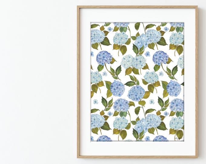 Blue Hydrangea Pattern Wall Art, Watercolor Hydrangea Floral Art Print, Hydrangea Preppy Decor, Hydrangeas Painting, Watercolor Painting
