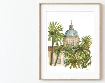 Palermo Italy Wall Art, Italian Watercolor Painting, Italy Home Decor, Travel Art Print, Palermo Cathedral Painting, Sicily Italy Art Print