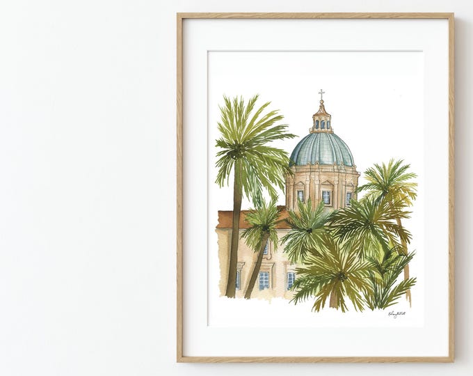 Palermo Italy Wall Art, Italian Watercolor Painting, Italy Home Decor, Travel Art Print, Palermo Cathedral Painting, Sicily Italy Art Print