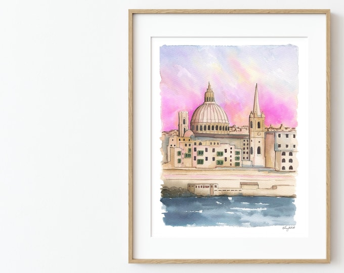 Valletta Malta Wall Art, Malta Watercolor Painting, Travel Home Decor, Travel Art Print, Malta Travel Gift, Mediterranean Wall Art