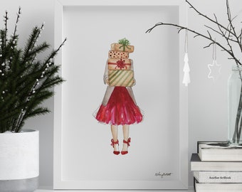 DIGITAL DOWNLOAD - Christmas Holiday Fashion Girl, Christmas Printable, Watercolor Seasonal Home Decor, Fashion Illustration Printable