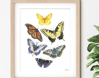 Butterfly Wall Art, Watercolor Butterflies Art Print, Entomology Art, Monarch Butterfly Art, Cottagecore Butterfly Art, Insect Wall Decor