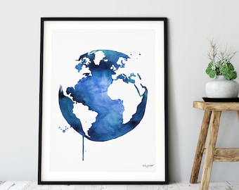 Globe Print, Blue Watercolor Painting, World Print, Earth Map Poster, World Map Wall Art, World Map Print, Globe Decor, Travel Map Art Print