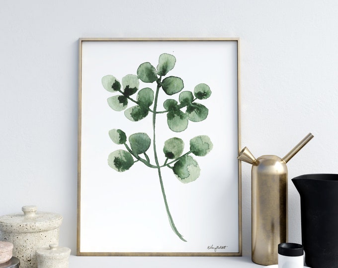 Eucalyptus Leaves Wall Decor Green Leaf Botanical Watercolour Print, Minimalist Home Garden Art, Birthday Gifts Painting Rustic Illustration
