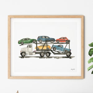 Car Hauler Truck Wall Art, Transportation Wall Decor, Construction Vehicle Art Print, Truck Nursery Decor, Toddler Boy Room Decor