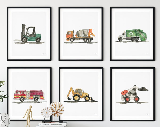 VERTICAL Set of 6 Construction Vehicle Art, Kids Gallery Wall Set, Truck Wall Art, Transportation Art Nursery, Watercolor Construction Truck
